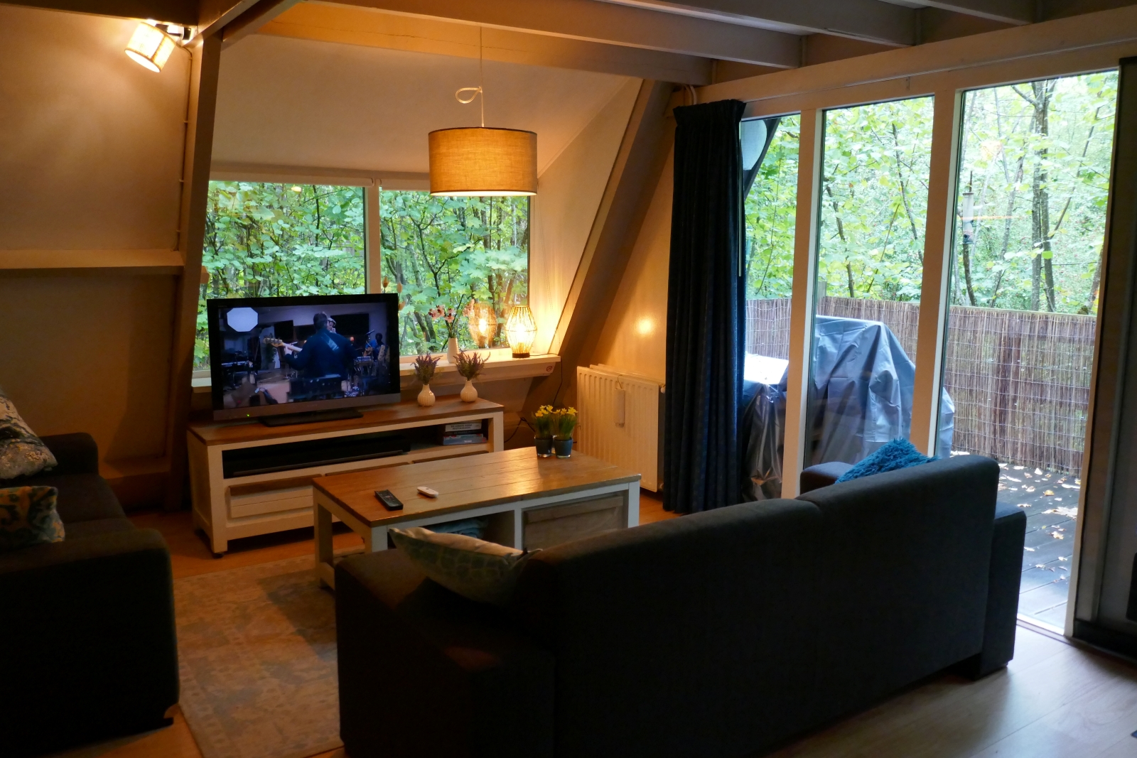 Knusse woonkamer met uitzicht op het bos