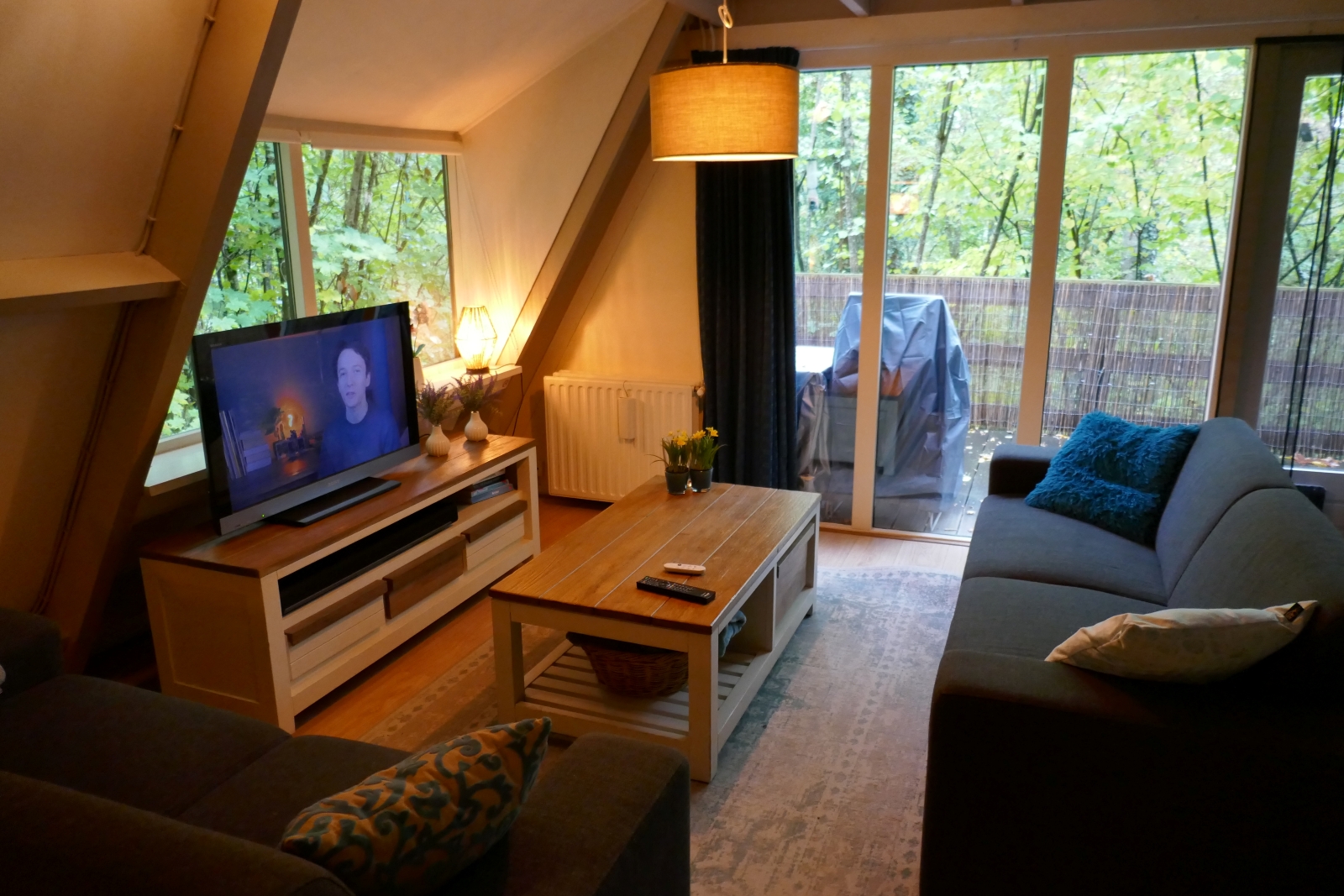 Knusse woonkamer met uitzicht op het bos